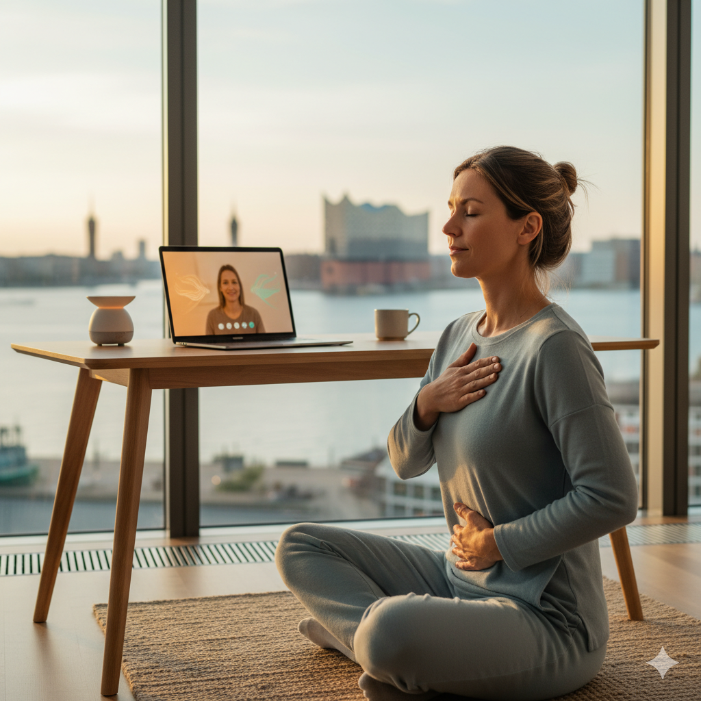 Frau praktiziert bewusste Atemarbeit während Online-Breathwork-Session am Laptop in Hamburg - moderne Atemtherapie digital
